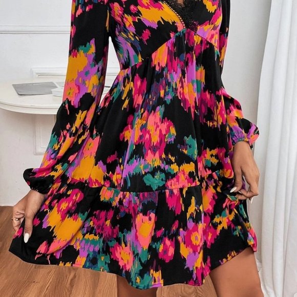 Allover Print Lace Trim Lantern Sleeve Ruffle Hem mini Dress - Picture 3 of 6